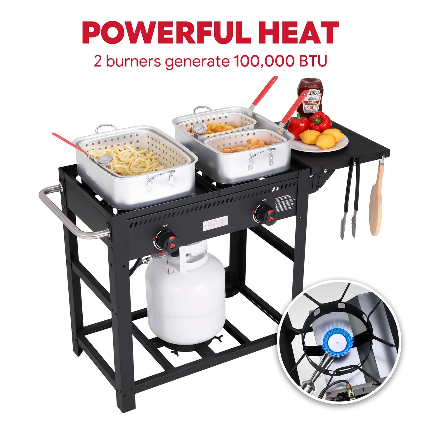 Feasto 10 Qt Outdoor Propane Gas Fish Fryer Pot Kit with Strainer Basket | Aluminum, 50,000 BTU Burner, Adjustable 0-5 PSI Regulator, Perfect for Boiling and Frying