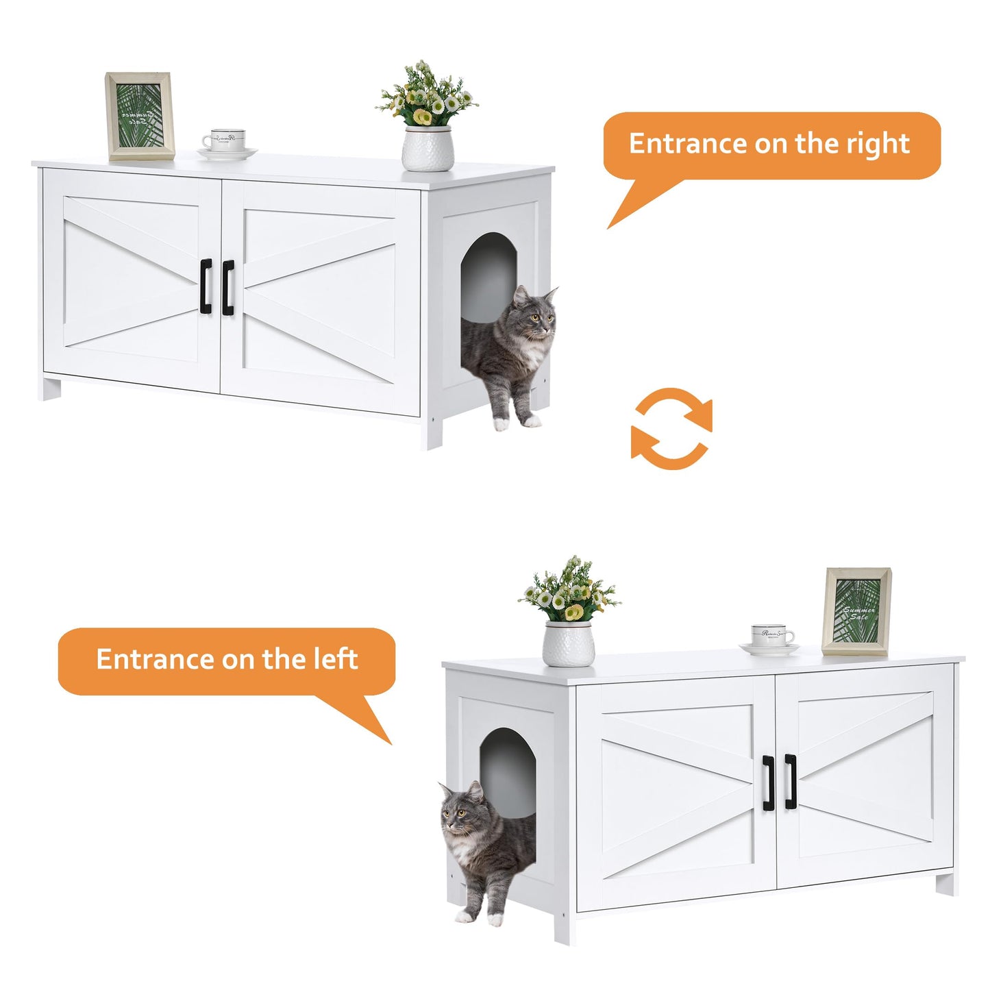 Homhedy Cat Litter Box Enclosure, Wooden Cat Washroom Furniture with Barn Door, Pet House, Fit Most of Litter Box, White