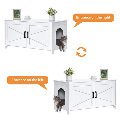 Homhedy Cat Litter Box Enclosure, Wooden Cat Washroom Furniture with Barn Door, Pet House, Fit Most of Litter Box, White