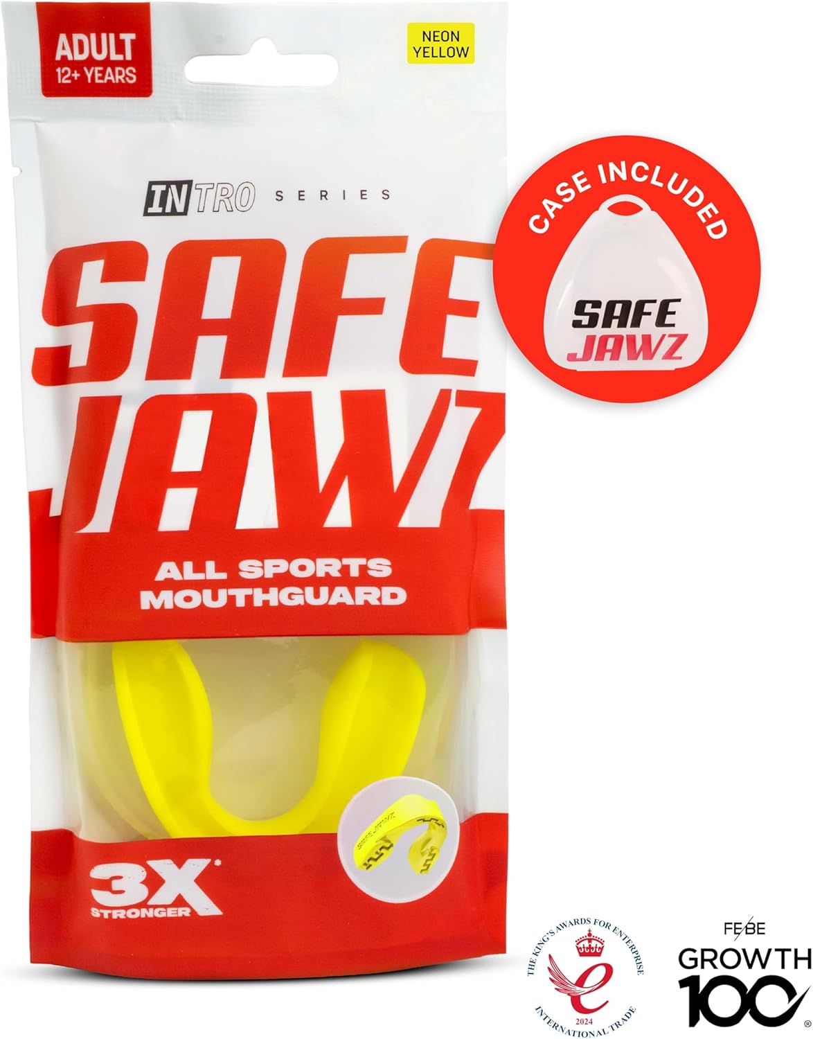 SAFEJAWZ Mundschutz, trägerlos, schlanke Passform, für Erwachsene und Jugendliche mit Etui für Boxen, Basketball, Football, MMA, Kampfsport, Hockey und alle Kontaktsportarten (Erwachsene (ab 12 Jahre), Transparent)