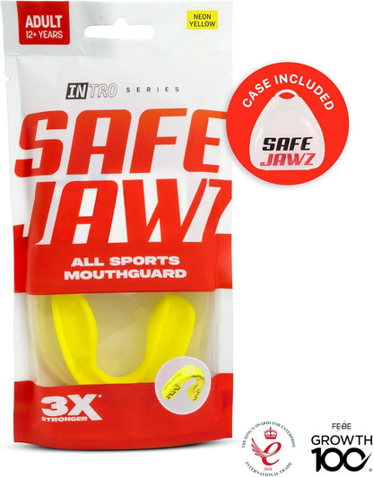 SAFEJAWZ Mundschutz, trägerlos, schlanke Passform, für Erwachsene und Jugendliche mit Etui für Boxen, Basketball, Football, MMA, Kampfsport, Hockey und alle Kontaktsportarten (Erwachsene (ab 12 Jahre), Transparent)