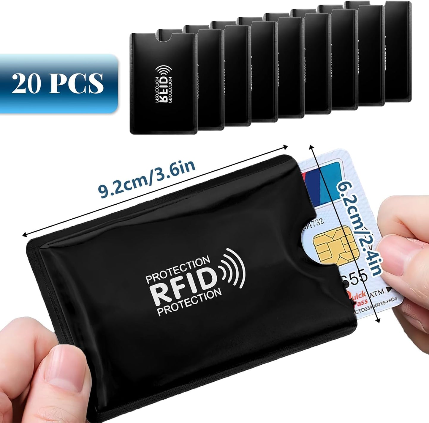 Kreditkartenschutz, 20 Stück RFID-Schutzhüllen, Identitätskartenschutz für Kreditkarte, Debitkarte, Metrokarte, Reisepass, Schwarz, 9,2 x 6,2 cm