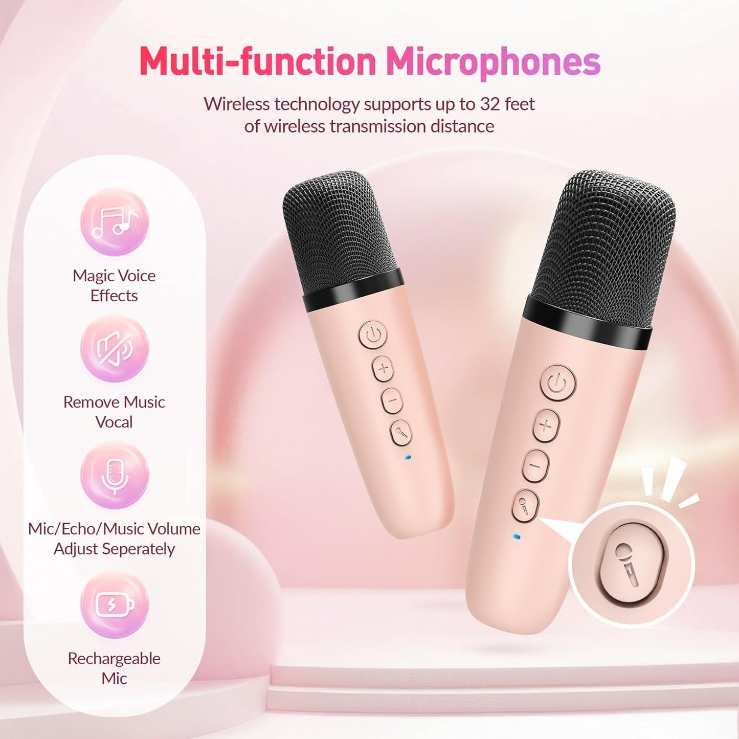 Mini Karaoke Machine for Kids Adults, Portable Bluetooth Speaker with 2 Wireless Microphone, Birthday Gifts for Girls Boys Ages 4, 5, 6, 7, 8, 9, 10, 12+ Years Old (Pinkcolor)