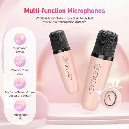 Mini Karaoke Machine for Kids Adults, Portable Bluetooth Speaker with 2 Wireless Microphone, Birthday Gifts for Girls Boys Ages 4, 5, 6, 7, 8, 9, 10, 12+ Years Old (Pinkcolor)