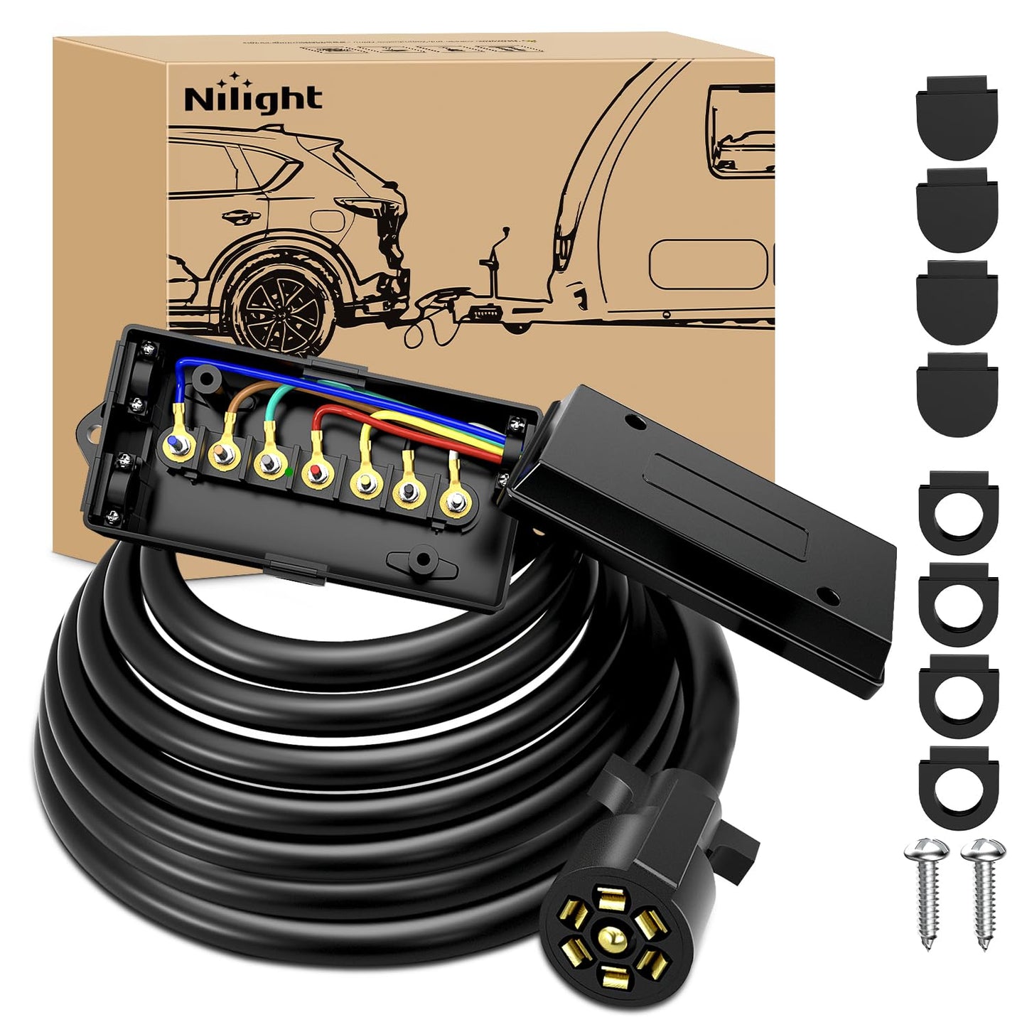 Nilight Heavy Duty 7 Way Inline Trailer Plug 8 Feet Connector Cable 7Pin RV Round Extension Wiring Harness Weatherproof Junction Box for RV Towing Car