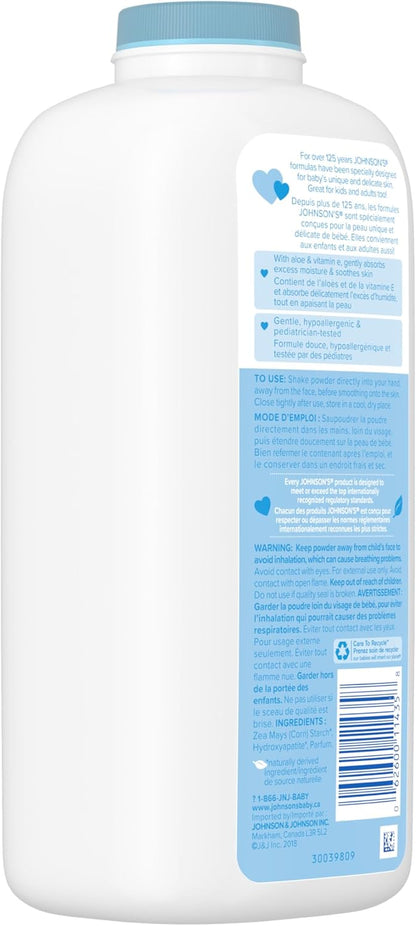 Johnson's Baby Powder, Naturally Derived Cornstarch with Aloe & Vitamin E for Delicate Skin, Hypoallergenic and Free of Parabens, Phthalates, and Dyes for Gentle Baby Skin Care 623g