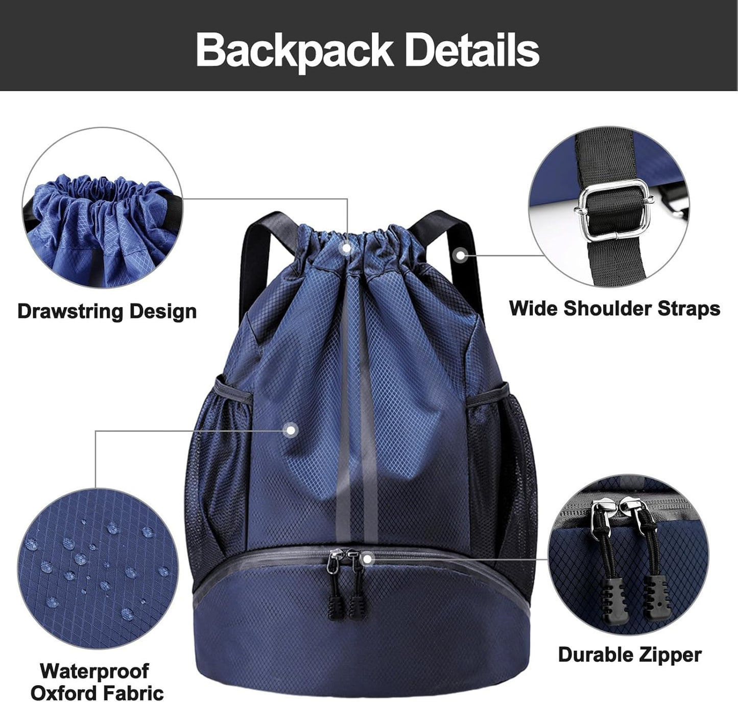 Hoedia Sports-Kordelzugrucksack – Schwimm-Turnbeutel mit Schuhfach und wasserdichter Tasche für Damen und Herren