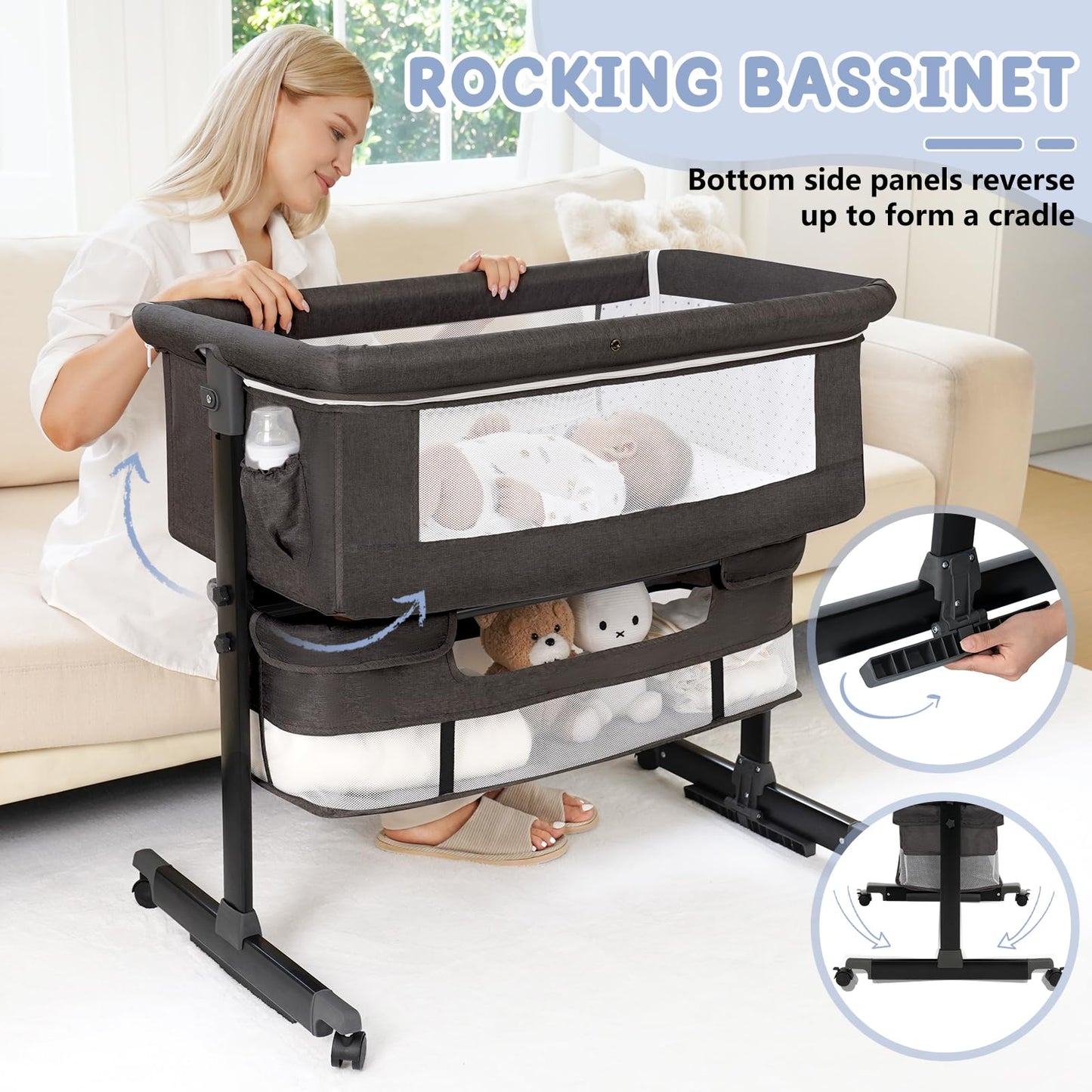 Semphis Baby Bassinet, 3 in 1 Bassinets Bedside Sleeper, Adjustable Height Bedside Sleeper with Rocking Mode, Breathable Mesh, Storage Basket, Wheels, Easy Assemble & Folding (Gray)