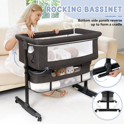 Semphis Baby Bassinet, 3 in 1 Bassinets Bedside Sleeper, Adjustable Height Bedside Sleeper with Rocking Mode, Breathable Mesh, Storage Basket, Wheels, Easy Assemble & Folding (Gray)