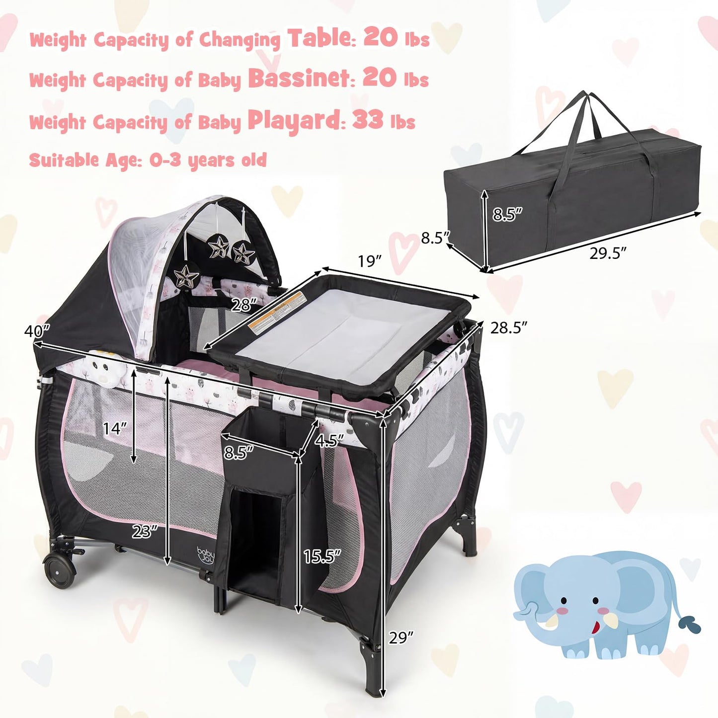 BABY JOY 4 in 1 Pack and Play with Canopy, Portable Baby Playard with Bassinet, Double-Layer Baby Crib, Wheels & Brake, Foldable Baby Girl Pink Bassinet from Newborn to Toddler