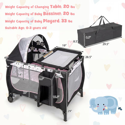 BABY JOY 4 in 1 Pack and Play with Canopy, Portable Baby Playard with Bassinet, Double-Layer Baby Crib, Wheels & Brake, Foldable Baby Girl Pink Bassinet from Newborn to Toddler