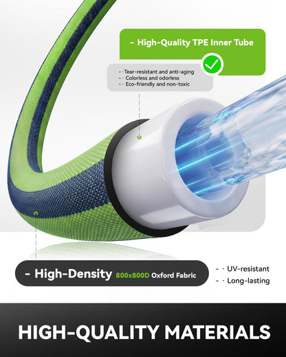 RAINPOINT Garden Hose 100FT, Up to 60% Lighter Non-Expanding Water Hose with TPE Inner Tube, Lightweight & Flexible Anti-Kink Hose, 800D Oxford Fabric, Weather-Resistant, 450PSI Burst, 3/4" Fittings