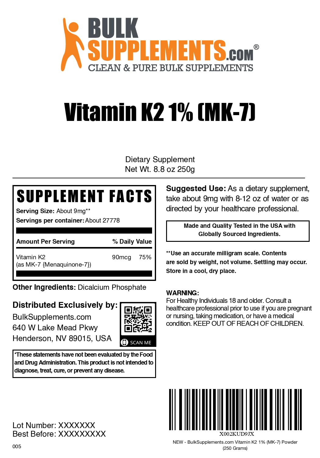 BulkSupplements.com Vitamin K2 Powder - Vitamin K2 MK-7, as Menaquinone Powder - K2 Vitamin Supplement for Wellness, Gluten Free, 9mg per Serving, 500g (1.1 lbs) (Pack of 1)