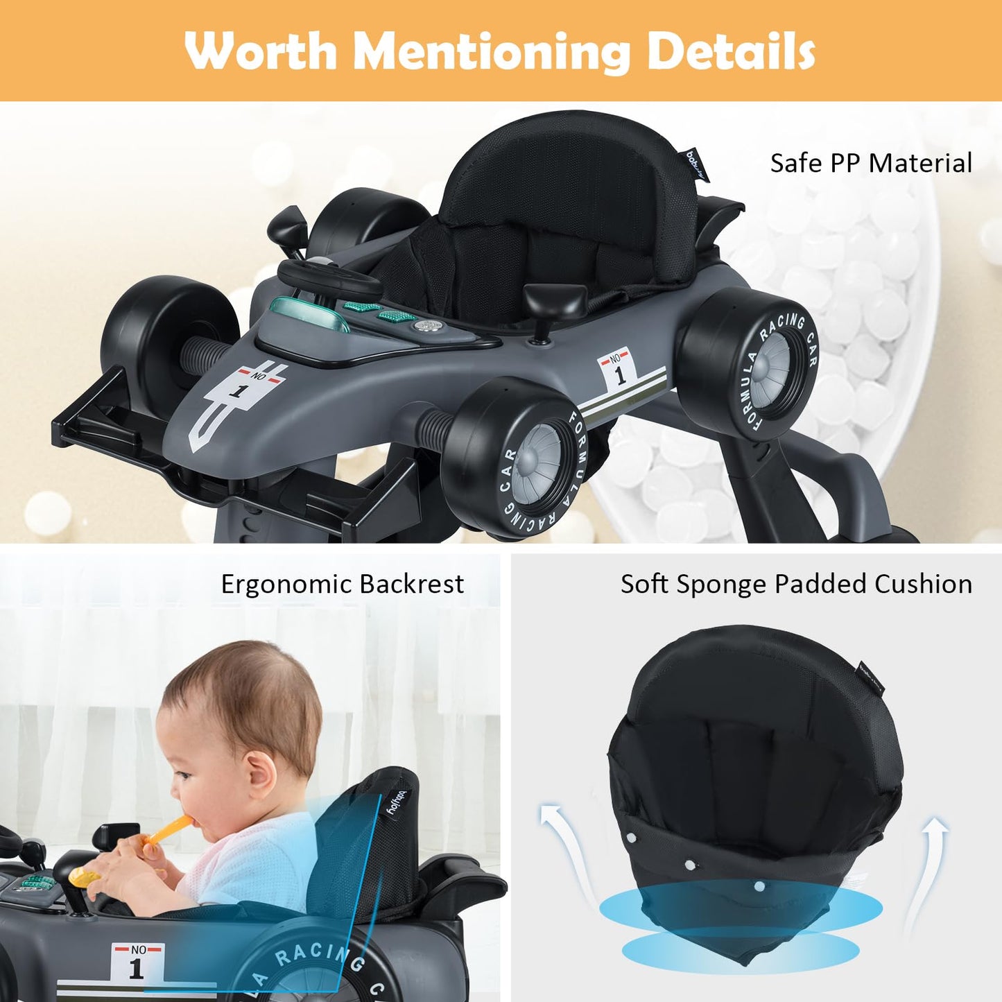 HONEY JOY 4-in-1 Baby Walker, Activity Push Walker w/3 Adjustable Heights, Smooth Wheels w/Adjustable Speed, Padded Seat, Music & Light, Foldable Car Walker for Baby Boys Girls Age 6 Months+ (Blue)