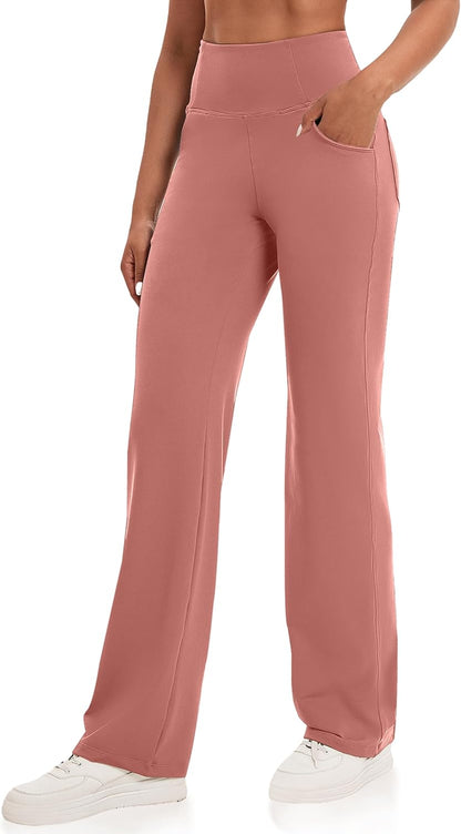 VOOVEEYA Yogahosen für Damen mit Taschen, gerade geschnittene Hose mit weitem Bein, hochtaillierte Business-Hose, petite/regulär//lang