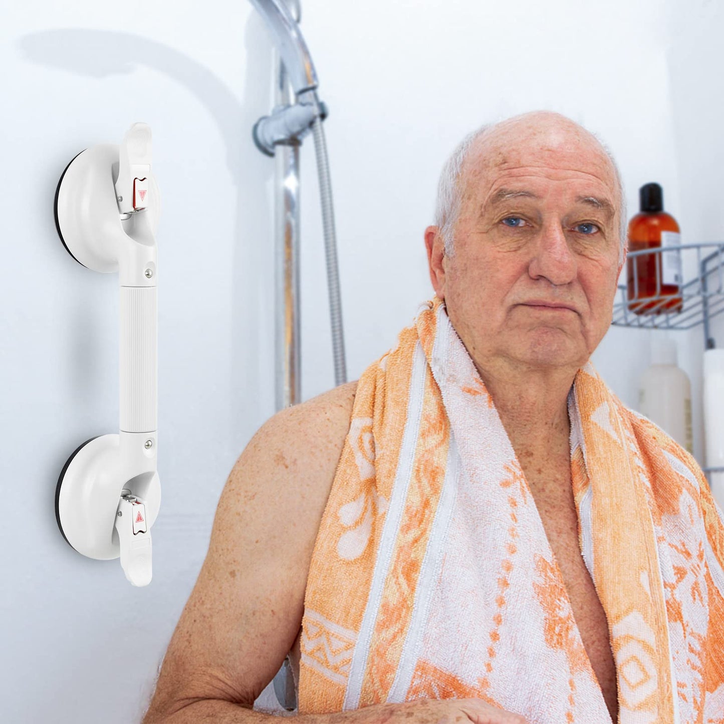 15-Inch Shower Handle - Upgraded Grab Bar with Strong Suction Cups for Bathtub & Shower Safety, Ideal for Seniors, Elderly, Disabled -Silver
