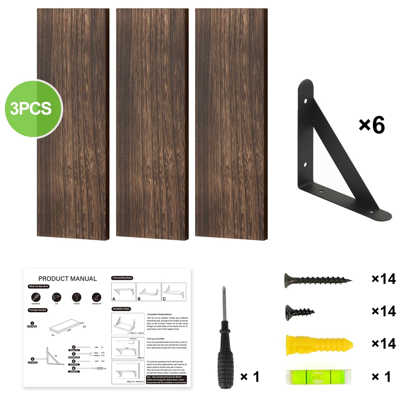 Fixwal Floating Shelves for Wall, Wood Wall Mounted Shelves for Bedroom, Bathroom, Living Room, Kitchen Storage and Decor(Brown, Set of 4, 16.5 Inch)