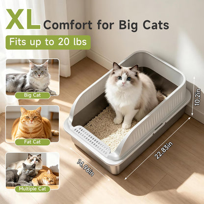 Stainless Steel Cat Litter Box, Odor Free Metal Litter Box with High Sides Lid, Open Top Low Entry Litter Pan Include Scoop Easy Cleaning Anti-Scratch Kitty Cat Box Anti-Urine Leakage, Non-Sticky