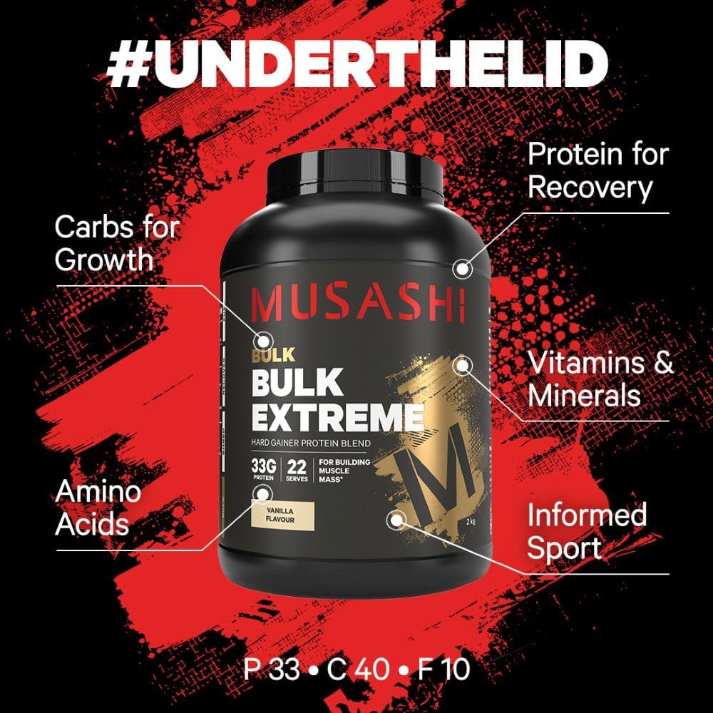 Musashi Bulk Extreme Protein Powder, Vanilla, Muscle Builder Formula, High Protein Supplement, Mass & Strength Support, Post-Workout Nutrition, 2kg
