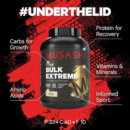 Musashi Bulk Extreme Protein Powder, Vanilla, Muscle Builder Formula, High Protein Supplement, Mass & Strength Support, Post-Workout Nutrition, 2kg