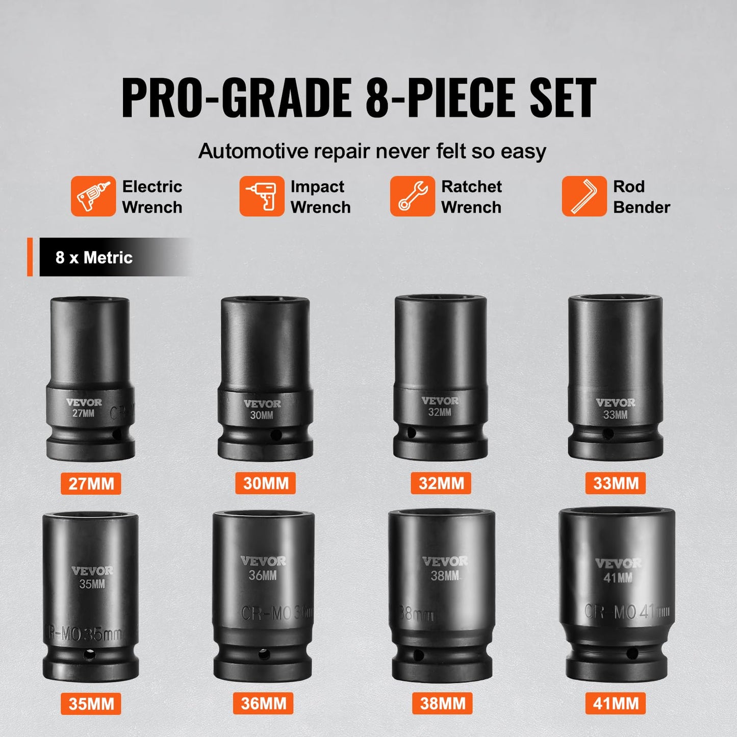 VEVOR 91-Piece 1/2" Drive Impact Socket Set, SAE (5/16" to 1-1/4") & Metric (8 to 32 mm), CR-V, Deep & Shallow, 6 Point, Ratchet Handle, Universal Joint, Adapters, Extension Bars (3, 5, 10 in)