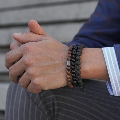 Tigerauge Armband für Herren 8MM Natursteinperlen Armband Set Stretch Lava Stein Armbänder Verstellbares Schwarzes Kristallperlenarmband für Herren Damen Geschenke