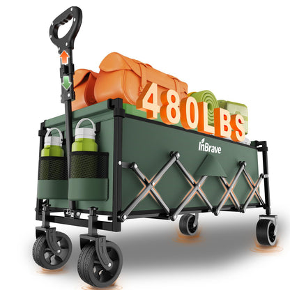 Extra Long Collapsible Wagon Cart, 480LBS Heavy Duty Utility Wagons with All-Terrain Wheels, Foldable Grocery Carts for Gardening, Shopping, Beach, Camping, Black
