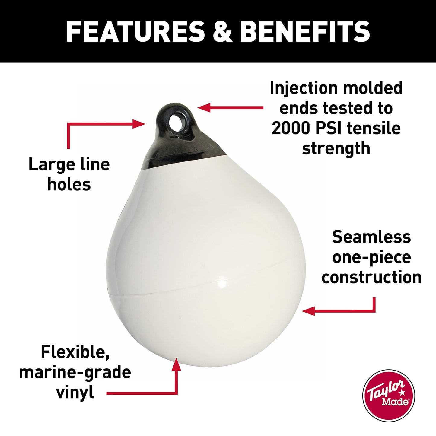 Taylor Made Tuff End Buoy, White (18") – Flexible, Strong, Marine-Grade Vinyl Buoy for 25-40 Foot Boats – Easy-to-use, Trivalve™ Inflates with Standard Ball Pump – 2020108082