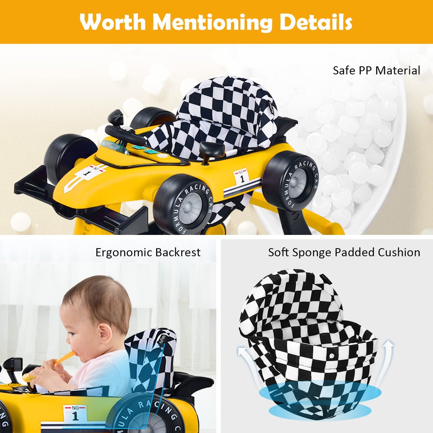 HONEY JOY 4-in-1 Baby Walker, Activity Push Walker w/3 Adjustable Heights, Smooth Wheels w/Adjustable Speed, Padded Seat, Music & Light, Foldable Car Walker for Baby Boys Girls Age 6 Months+ (Blue)