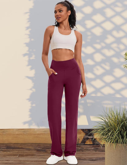 VOOVEEYA Yogahosen für Damen mit Taschen, gerade geschnittene Hose mit weitem Bein, hochtaillierte Business-Hose, petite/regulär//lang