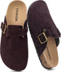 YorFotMae Women's Suede Clogs Mens Leather Mules Comfort Cork Footbed Antislip House Sandals Arch Support Potato Shoes with Adjustable Buckle