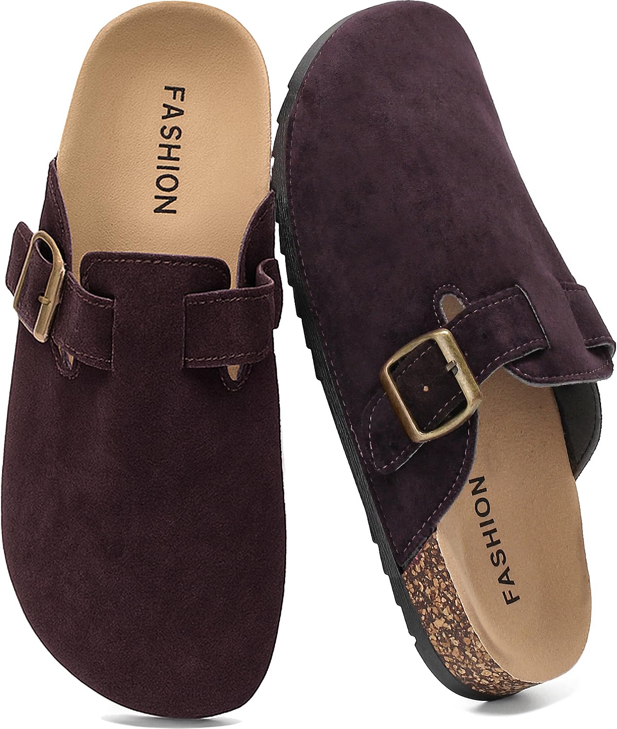 YorFotMae Women's Suede Clogs Mens Leather Mules Comfort Cork Footbed Antislip House Sandals Arch Support Potato Shoes with Adjustable Buckle