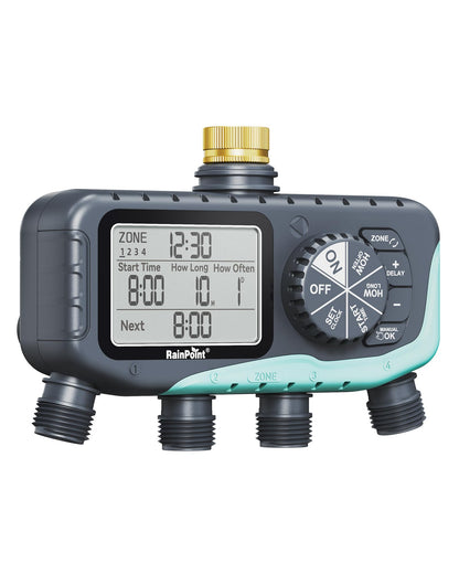 RAINPOINT 4-Zone Sprinkler Timer, 2027 New Version 4 Outlets Hose Water Timer, Automatic Irrigation Controller with Rain Delay & Manual Mode for Lawn & Garden Irrigation
