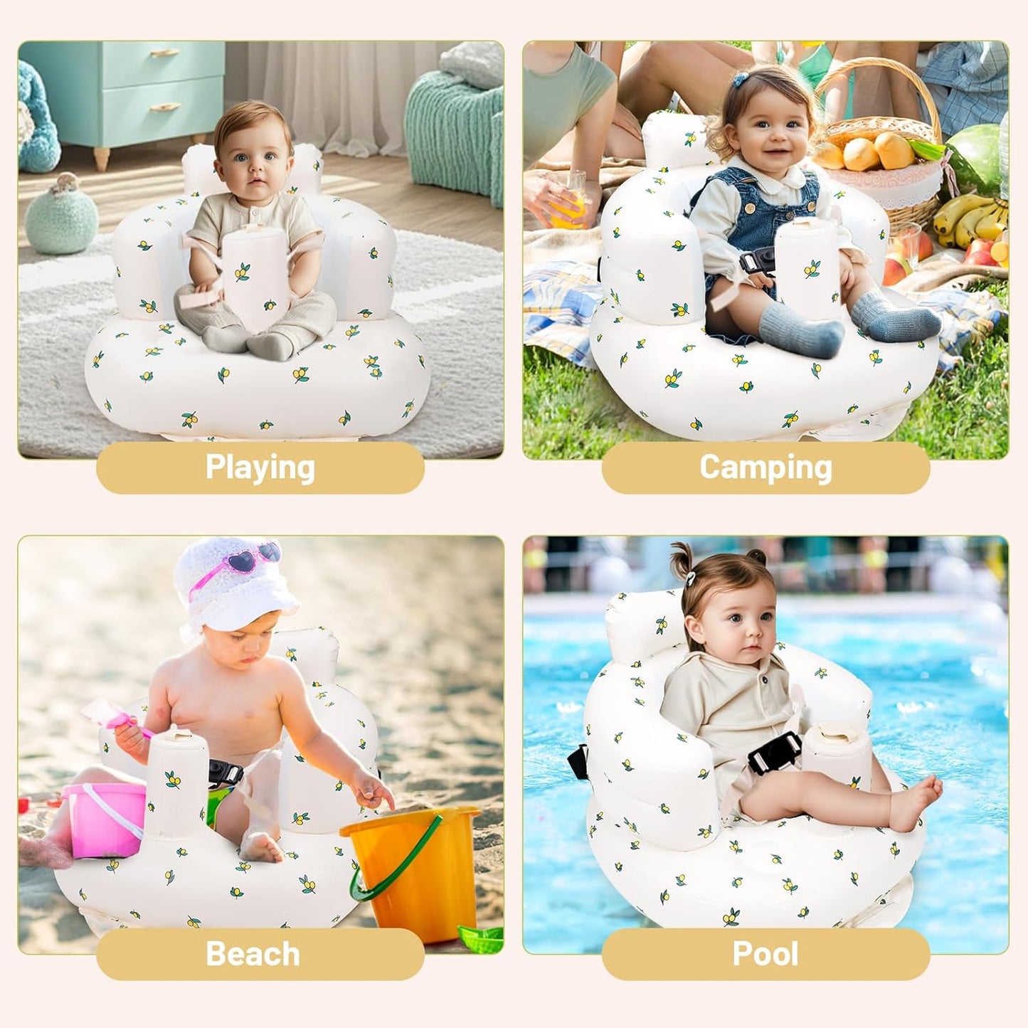 Aufblasbarer Babysitz, aufblasbarer Babystuhl für Babys ab 3 Monaten, aufblasbarer Sommerstuhl mit integrierter Luftpumpe, Baby-Bodensitz zum Sitzenlernen, Spielen, Campen, Orange