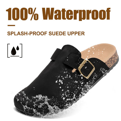 YorFotMae Women's Suede Clogs Mens Leather Mules Comfort Cork Footbed Antislip House Sandals Arch Support Potato Shoes with Adjustable Buckle