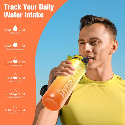Sahara Sailor Trinkflasche, 950ml Motivations-Sportflasche mit Zeitmarkierung – Trinkzeiten – Tritan, BPA-frei, weite Öffnung auslaufsicher, Fast-Flow-Technologie mit Reinigungsbürste (1 Flasche)