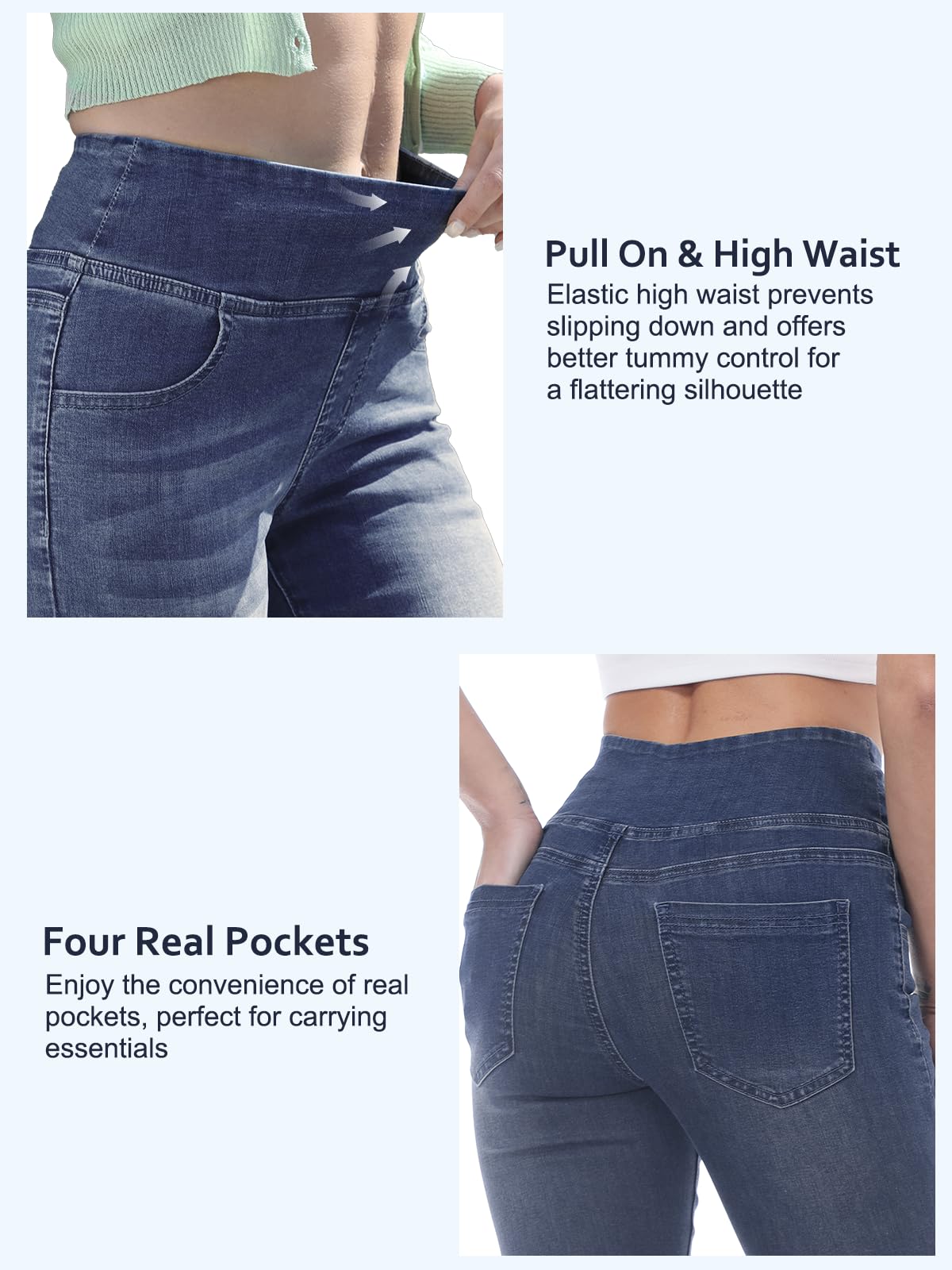 Chasehot Pull-On Skinny Jeans für Damen, dehnbare High-Waist Leggings, trendige Bauchkontrolle, Denim-Jeggings mit Taschen, Dark Wash-L