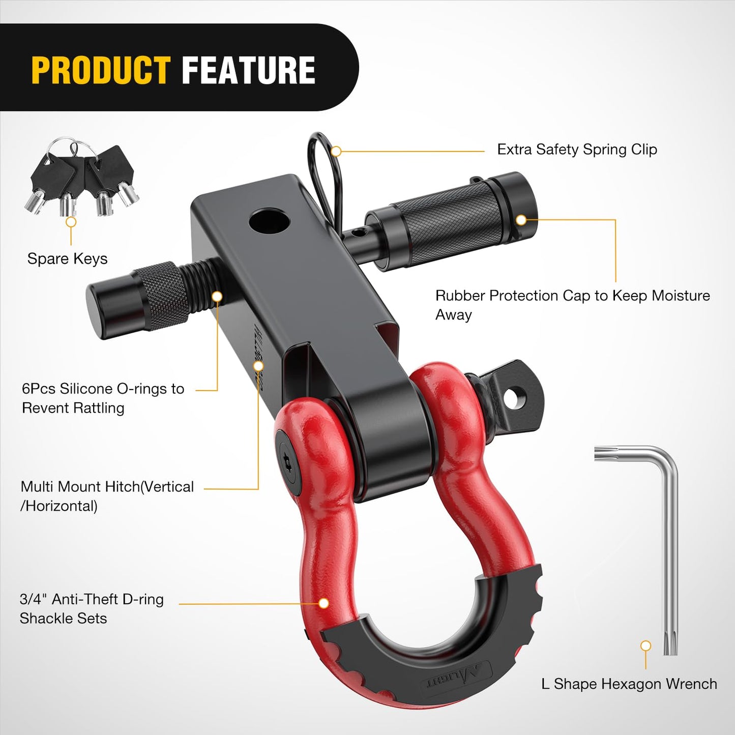 Nilight Anti-Theft Shackle Hitch Receiver 2Inch 45000 LBs Breaking Strength 3/4" Anti-Theft D Ring Shackle 5/8" Trailer Hitch Lock Pin Heavy Duty Solid Towing Kit for Trucks Off Road (Black)