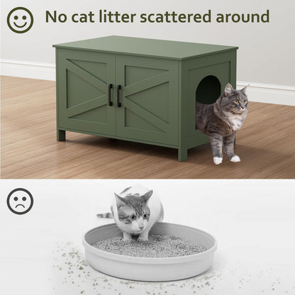 Homhedy Cat Litter Box Enclosure, Wooden Cat Washroom Furniture with Barn Door, Pet House, Fit Most of Litter Box, White