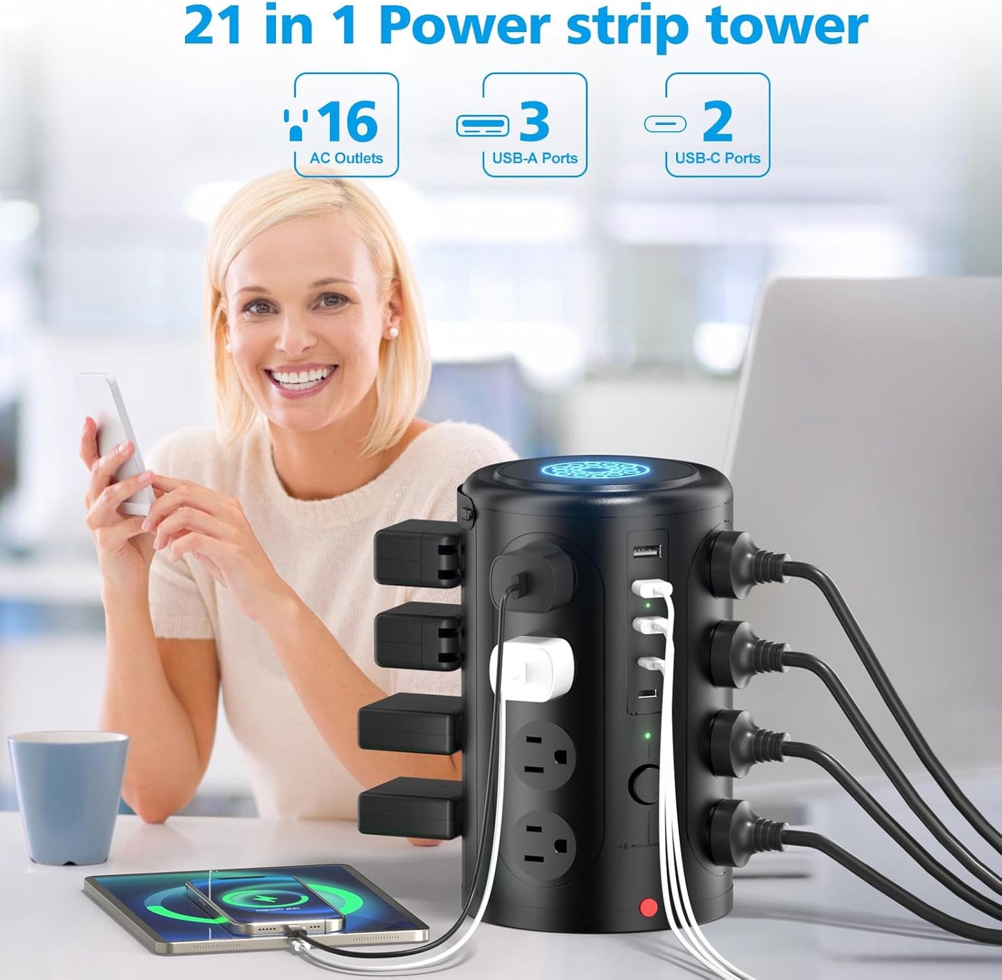 Tower Power Strip Surge Protector with 16 Outlets and 5 USB Ports
