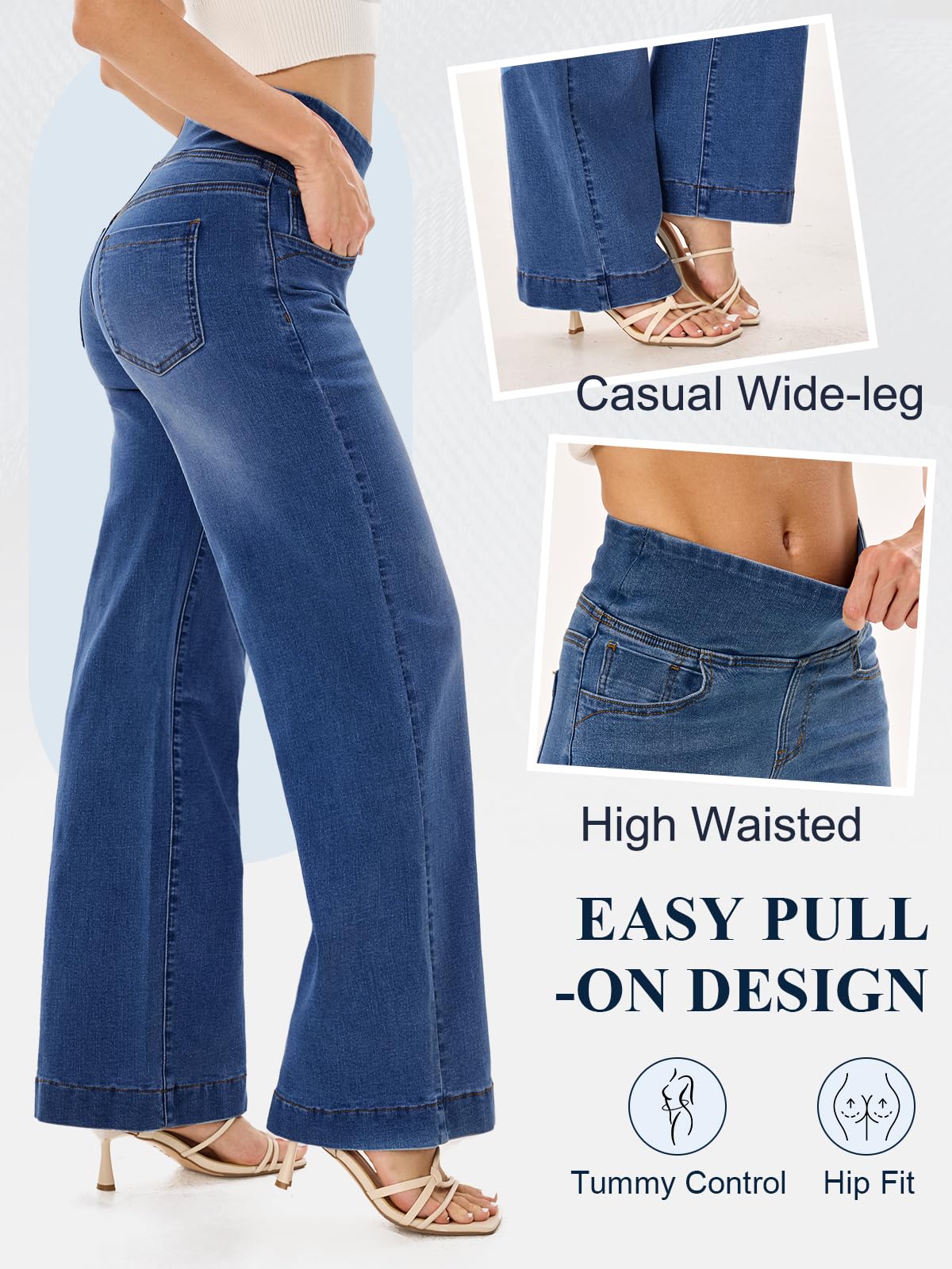 UCOOLYN Pull On Wide Leg Jeans für Damen, High Waisted Bauchkontrolle Stretchy Baggy Trendy Straight Denim Hose mit Taschen für die Arbeit Dunkelblau