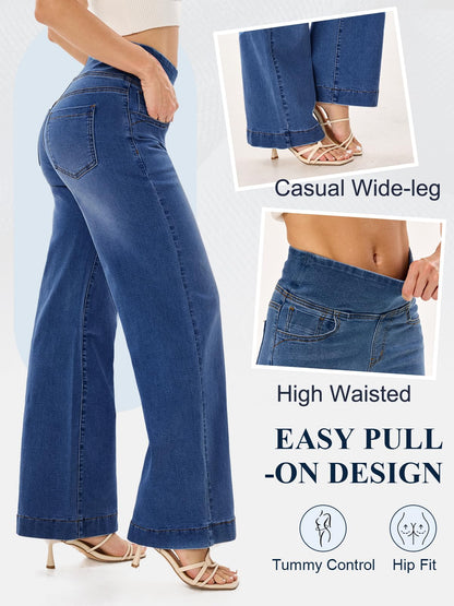 UCOOLYN Pull On Wide Leg Jeans für Damen, High Waisted Bauchkontrolle Stretchy Baggy Trendy Straight Denim Hose mit Taschen für die Arbeit Dunkelblau