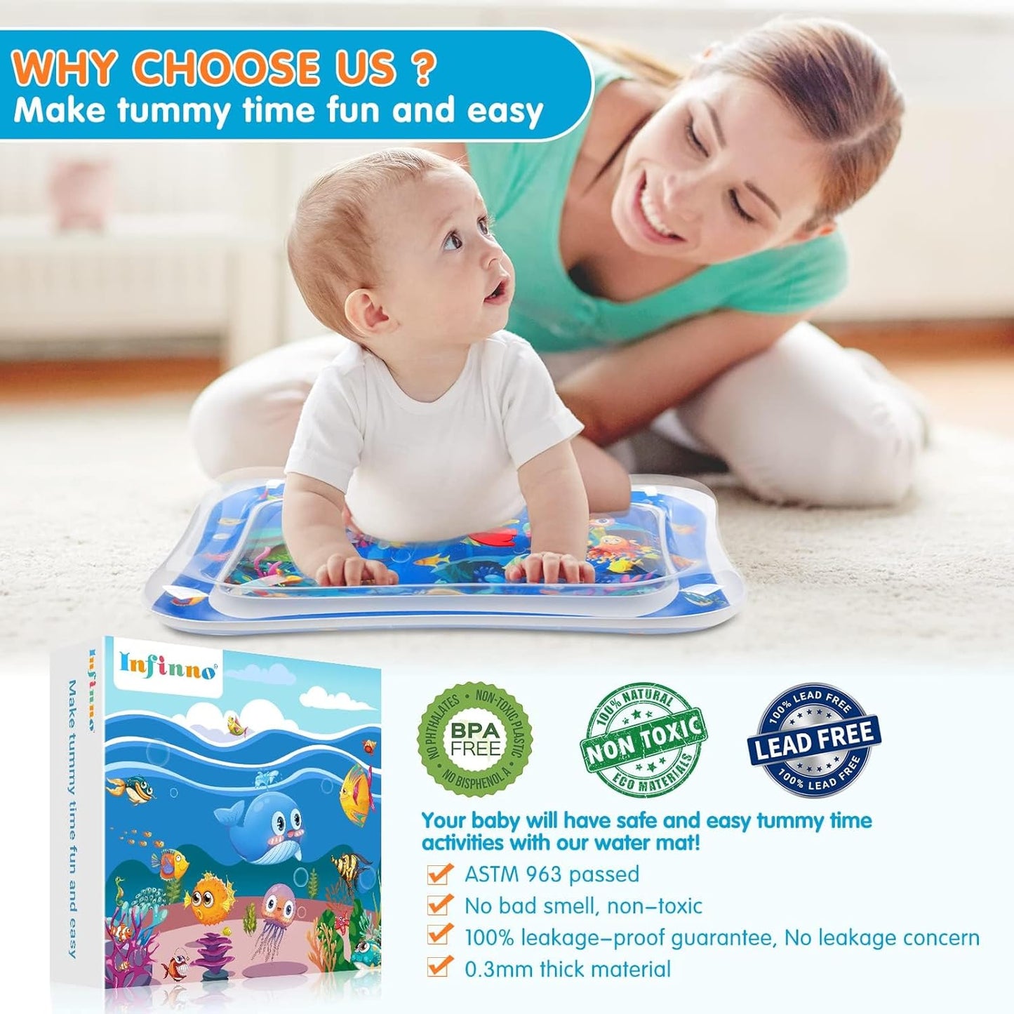 Infinno Aufblasbare Bauchzeit-Matte Premium Baby-Wasserspielmatte für Säuglinge und Kleinkinder Babyspielzeug für 3 bis 24 Monate, stärkt die Muskeln Ihres Babys, tragbar