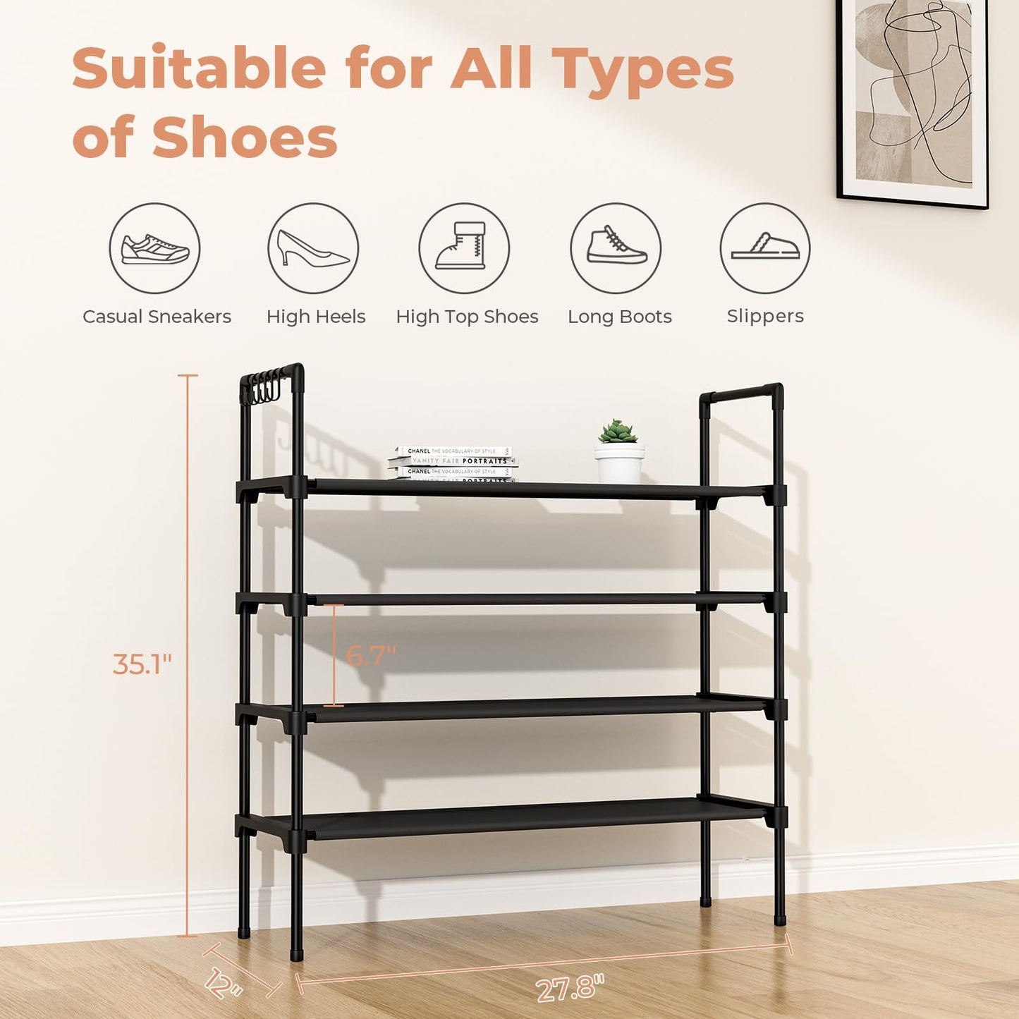 LANTEFUL 3 Tier Shoe Rack for Closet, Shoe Organizer with 5 Hooks, Long Shoe Shelf Storage for Sneaker and Boot Stackable Free Standing Shoe Rack for Entryway, Garage, Small Spaces, Dorm
