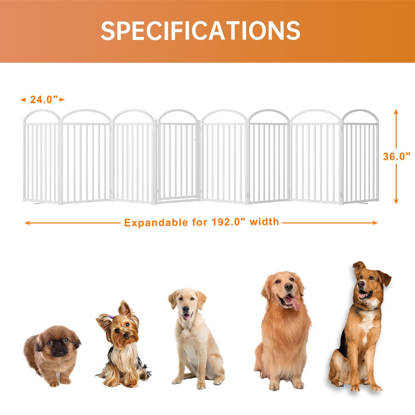 SNUOWU 4 Panels Full Matel Freestanding Dog Gates with Door, 96"Extra Wide 36"Tall Free Standing Dog Pet Gate for Indoor & Outdoor. Foldable Pet Fences for Doorways, House, Stairs, Porch, Deck, Yard