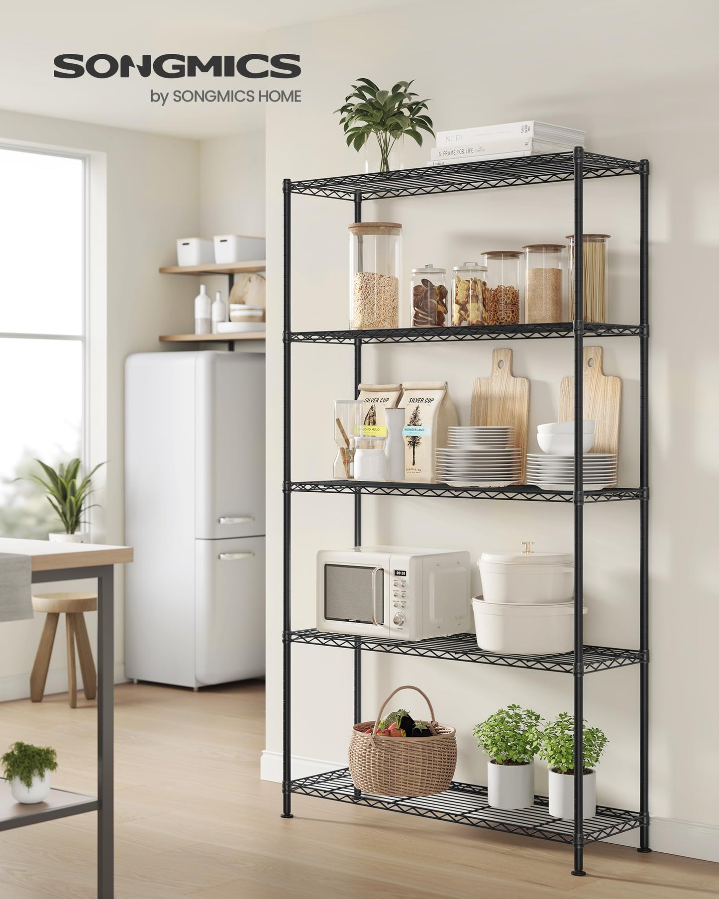 SONGMICS Storage Shelf, Small Metal Wire Shelving Unit, Adjustable Shelves, for Small Spaces, Garage, Bedroom, Living Room, Kitchen, Pantry, 5 Tier, 11.8 x 11.8 x 47.6 Inches, Ink Black ULGR123BH01