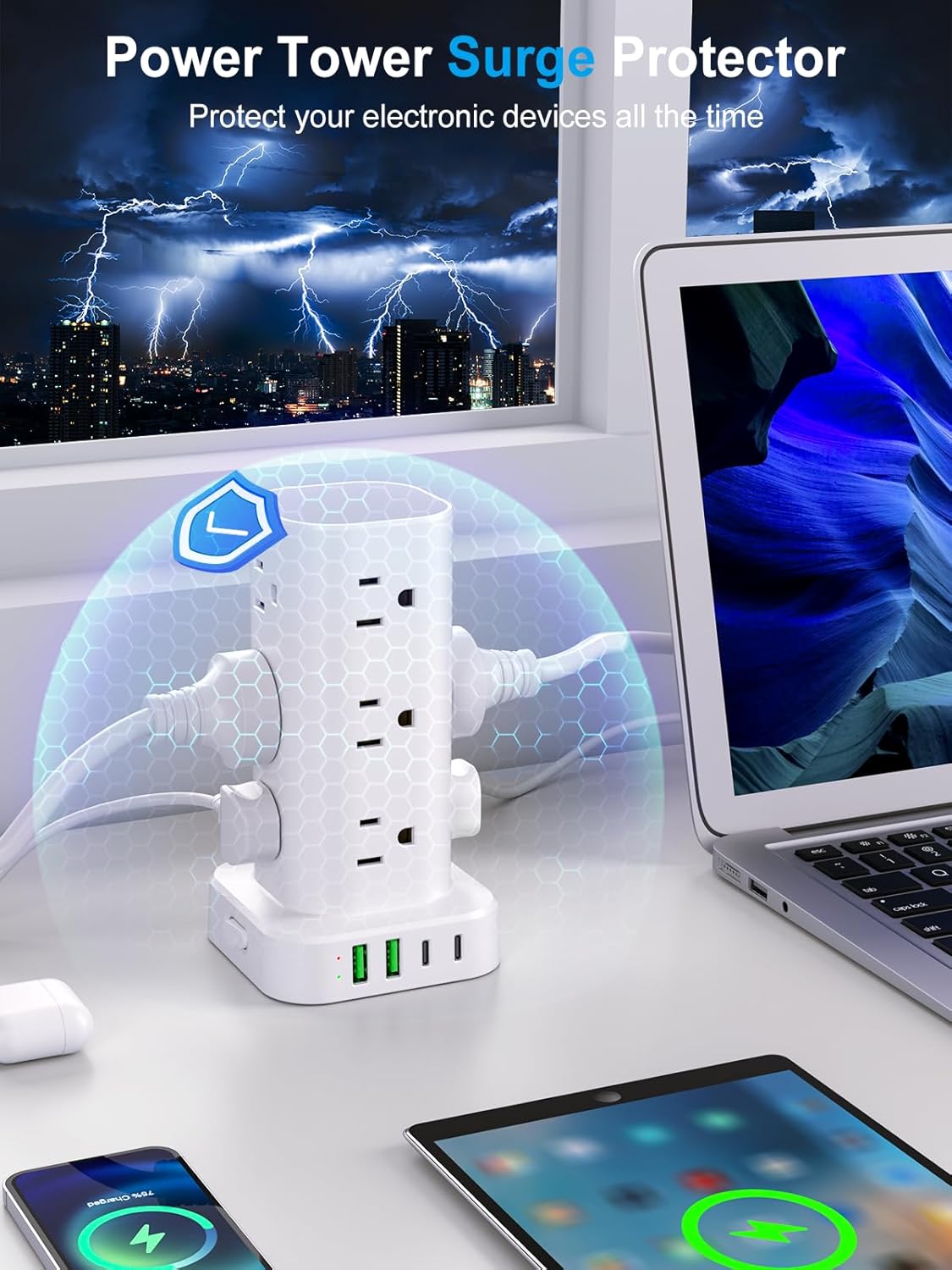 Power Strip Tower with Multiple Outlets and USB Ports