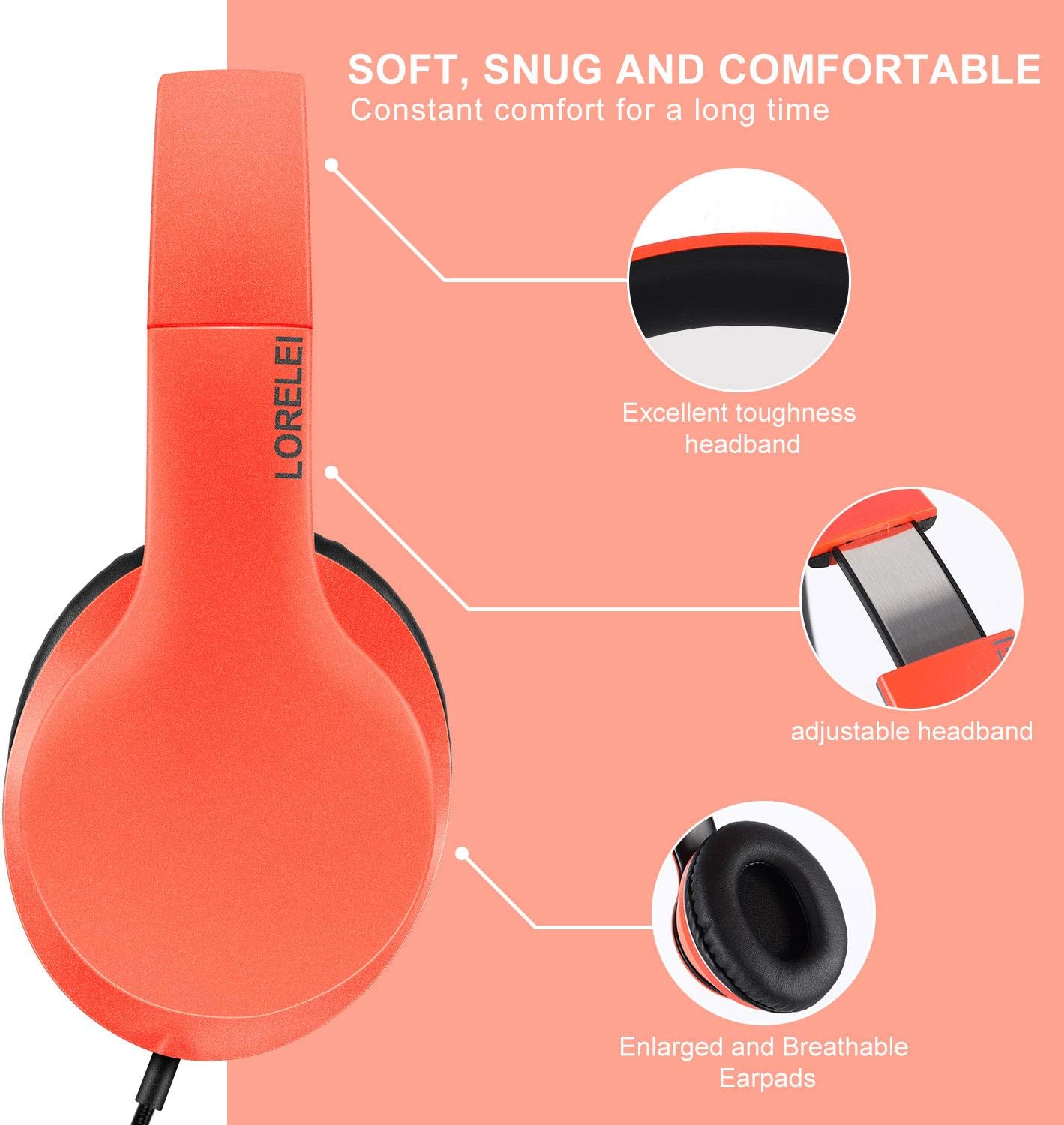 LORELEI X6 Over-Ear Kabelgebundene Stereo-Bass-Kopfhörer mit Mikrofon, Leicht, Faltbar & Portabel mit 1,45M Kabel ohne Verheddern für Smartphone, Tablet, MP3/4, Space Black