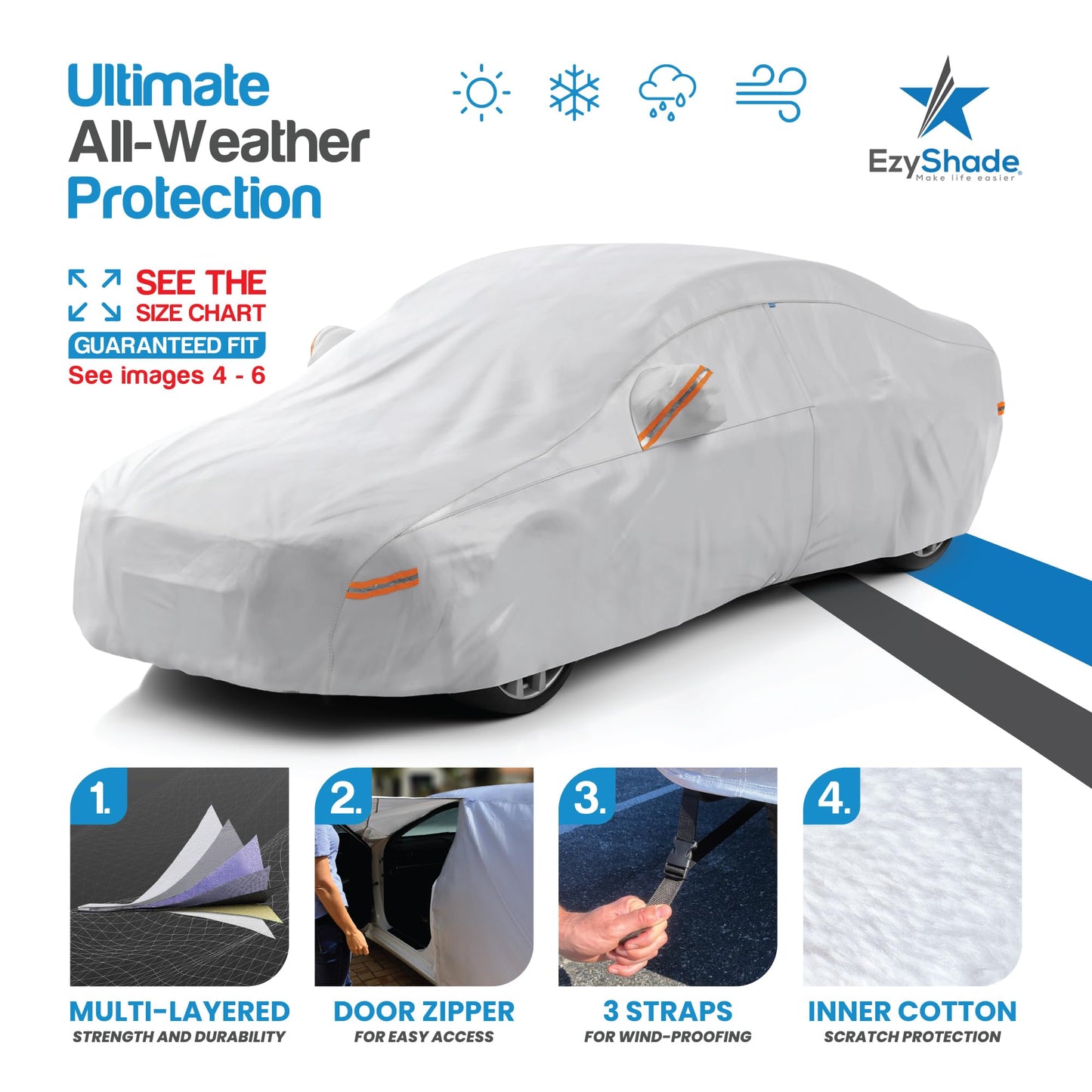 EzyShade 10-Schicht Autoabdeckung Wasserdicht Allwetter - Siehe Fahrzeug-Größentabelle - Autoabdeckungen für Automobile & Auto Schneeabdeckung - Komplette Außenabdeckungen - Winter Regen Sonne SUV Limousine. Größe A4 (Siehe Größentabelle)