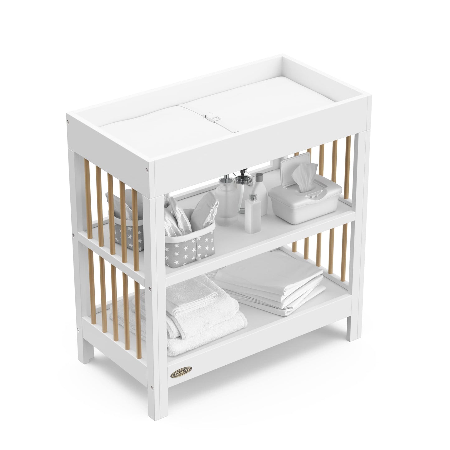 Graco Teddi Changing Table with Water-Resistant Changing Pad (Driftwood) - GREENGUARD Gold Certified, Includes Bonus Water-Resistant Changing Pad with Safety Strap, 2 Shelves, Easy-to-Match